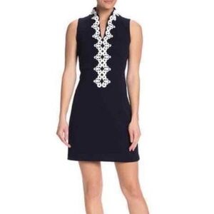 Vince Camuto Navy Dress with White Embroidered Lace Accent SZ 10 EUC $138